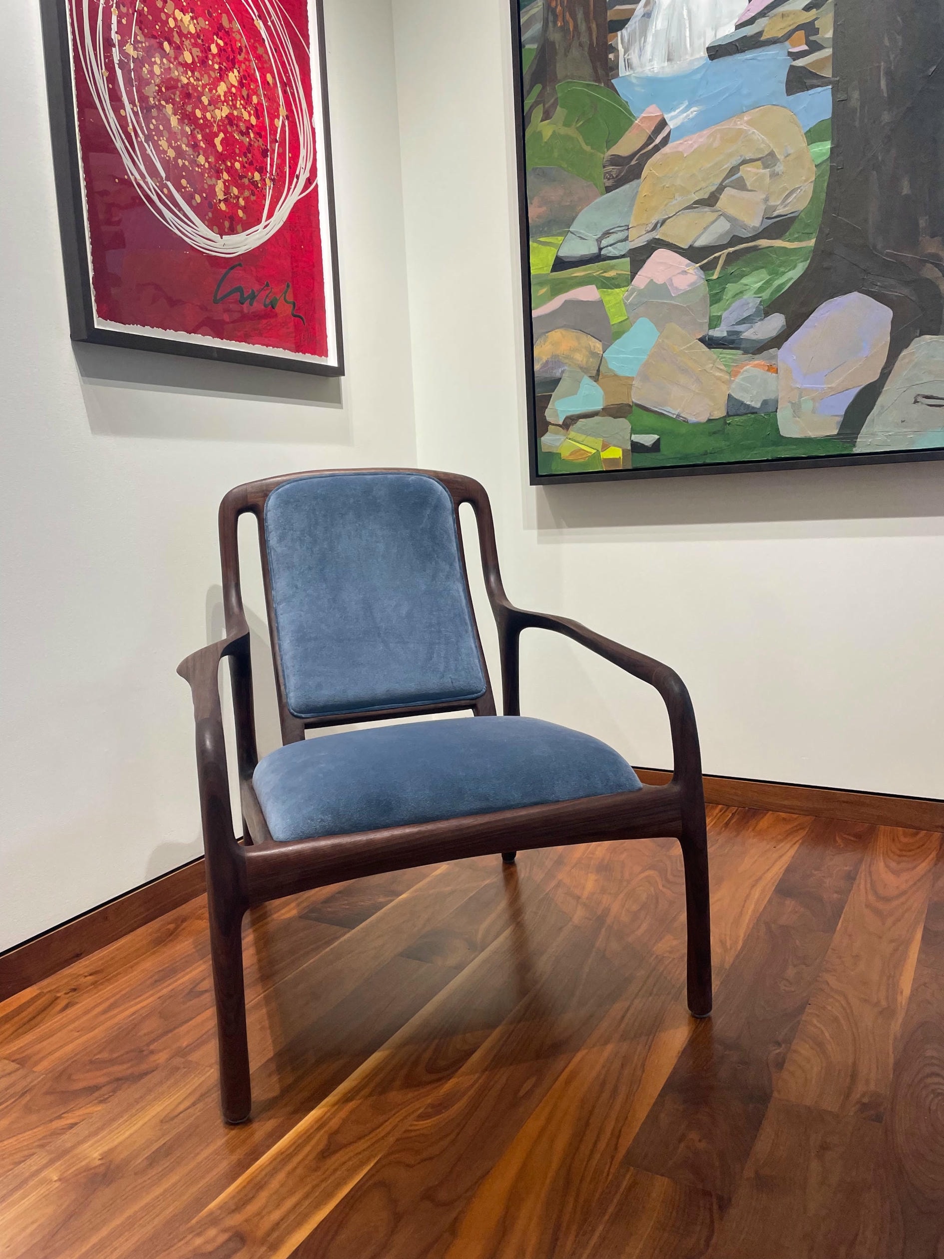 Karnali Armchair in Walnut with Blue Velvet Upholstery by Brian Fireman Design 2
