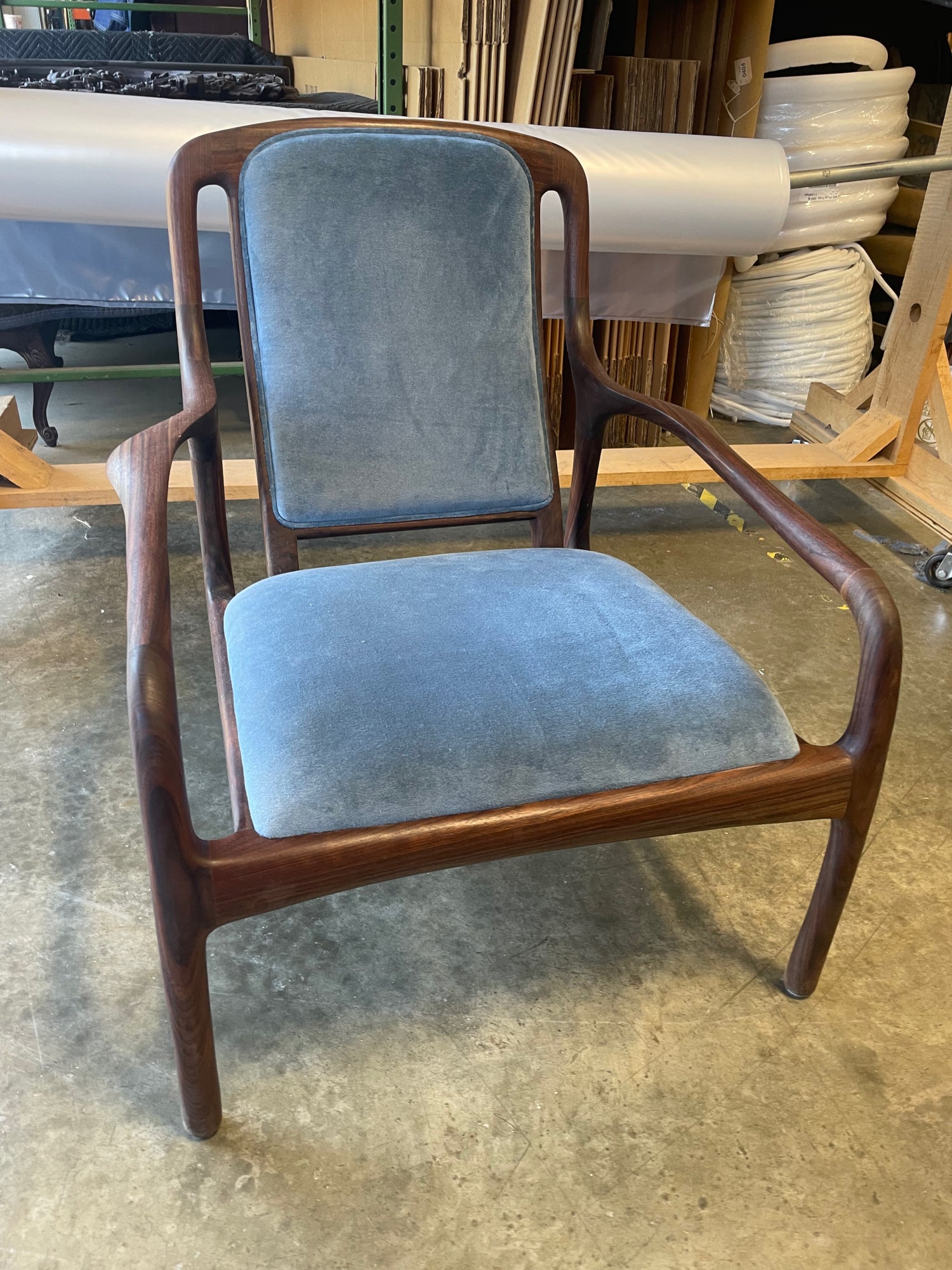 Karnali Armchair in Walnut with Blue Velvet Upholstery by Brian Fireman Design 4