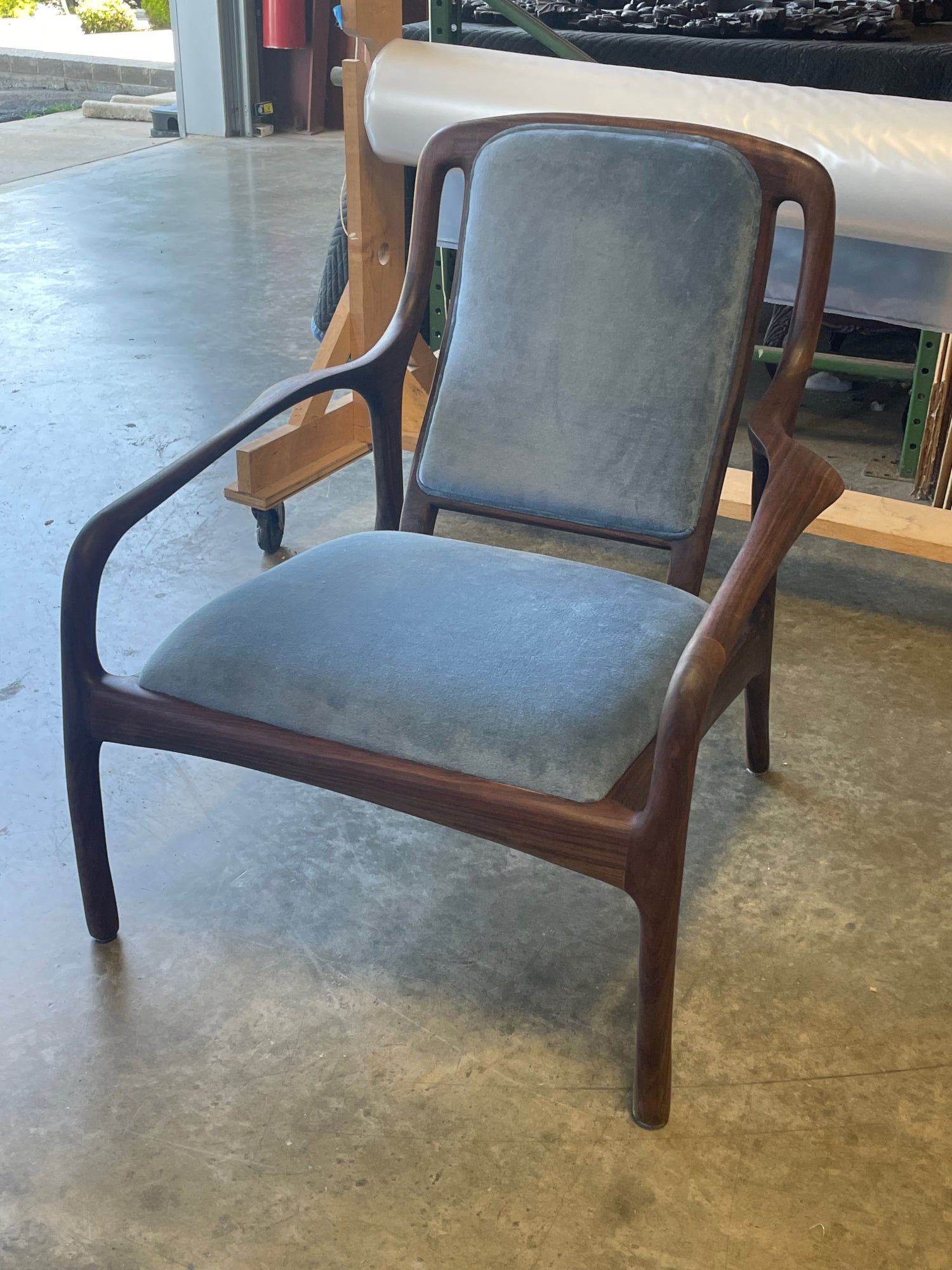 Karnali Armchair in Walnut with Blue Velvet Upholstery by Brian Fireman Design 5