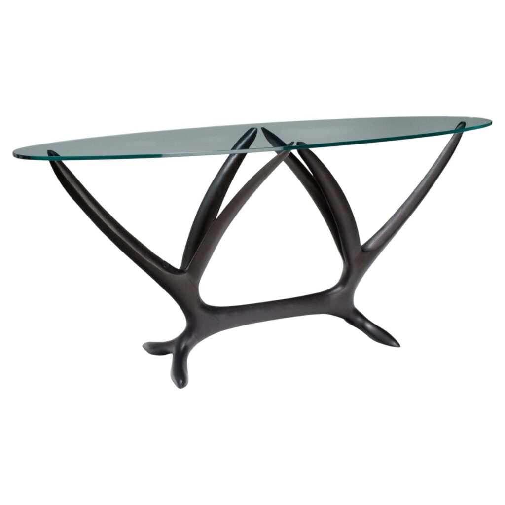 Wisteria Console in Ebonized Wood Oval Glass Top by Brian Fireman Design 1