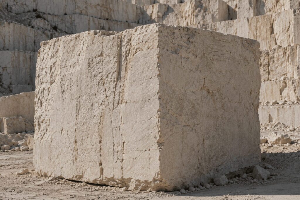 Massive natural stone block revealing the raw material before processing.