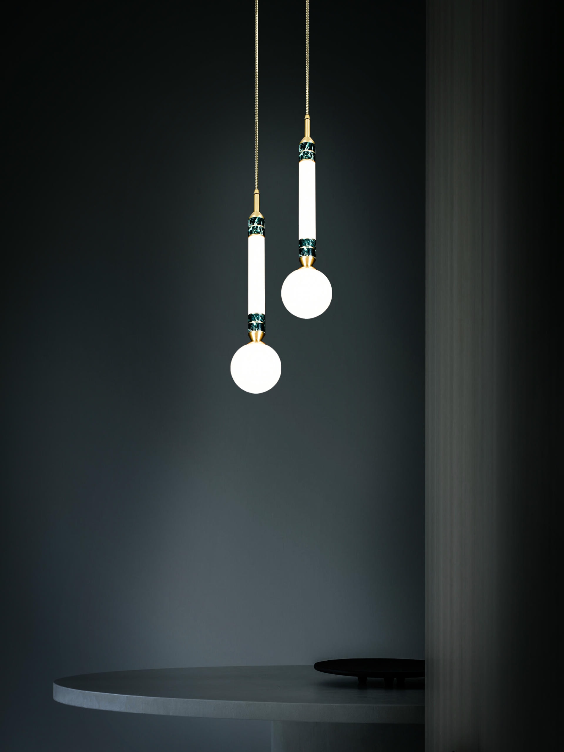 Small Greenstone Pendant Lamp in Wood, Marble, Opal Glass & Brass by Marc Wood 3