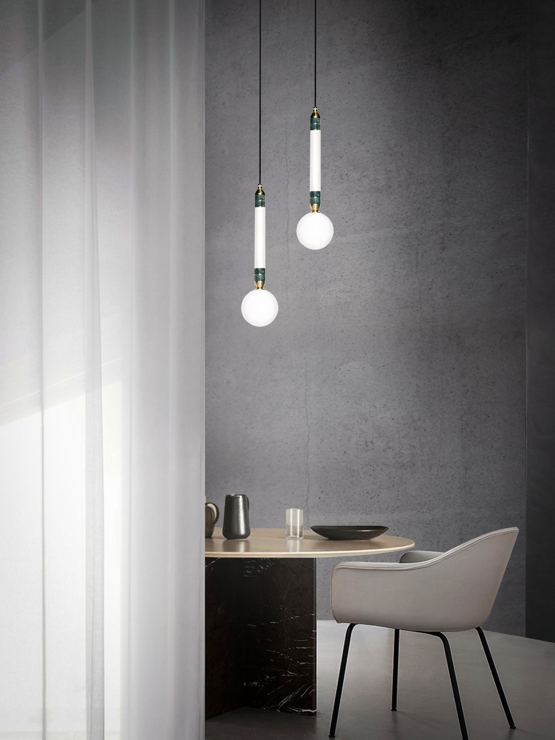 Small Greenstone Pendant Lamp in Wood, Marble, Opal Glass & Brass by Marc Wood 4