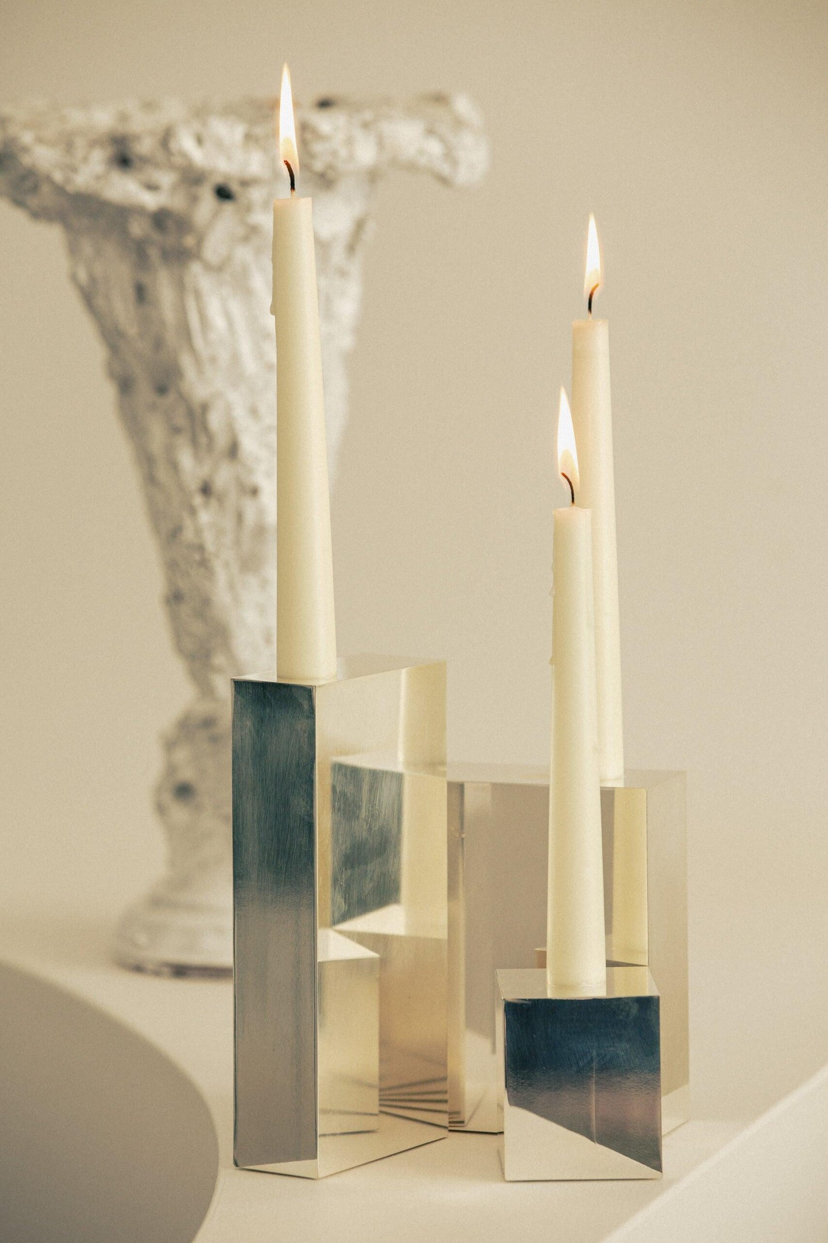 Contemporary Hinge Polished Silver Candelabra Candle Holders by Henry Wilson 2