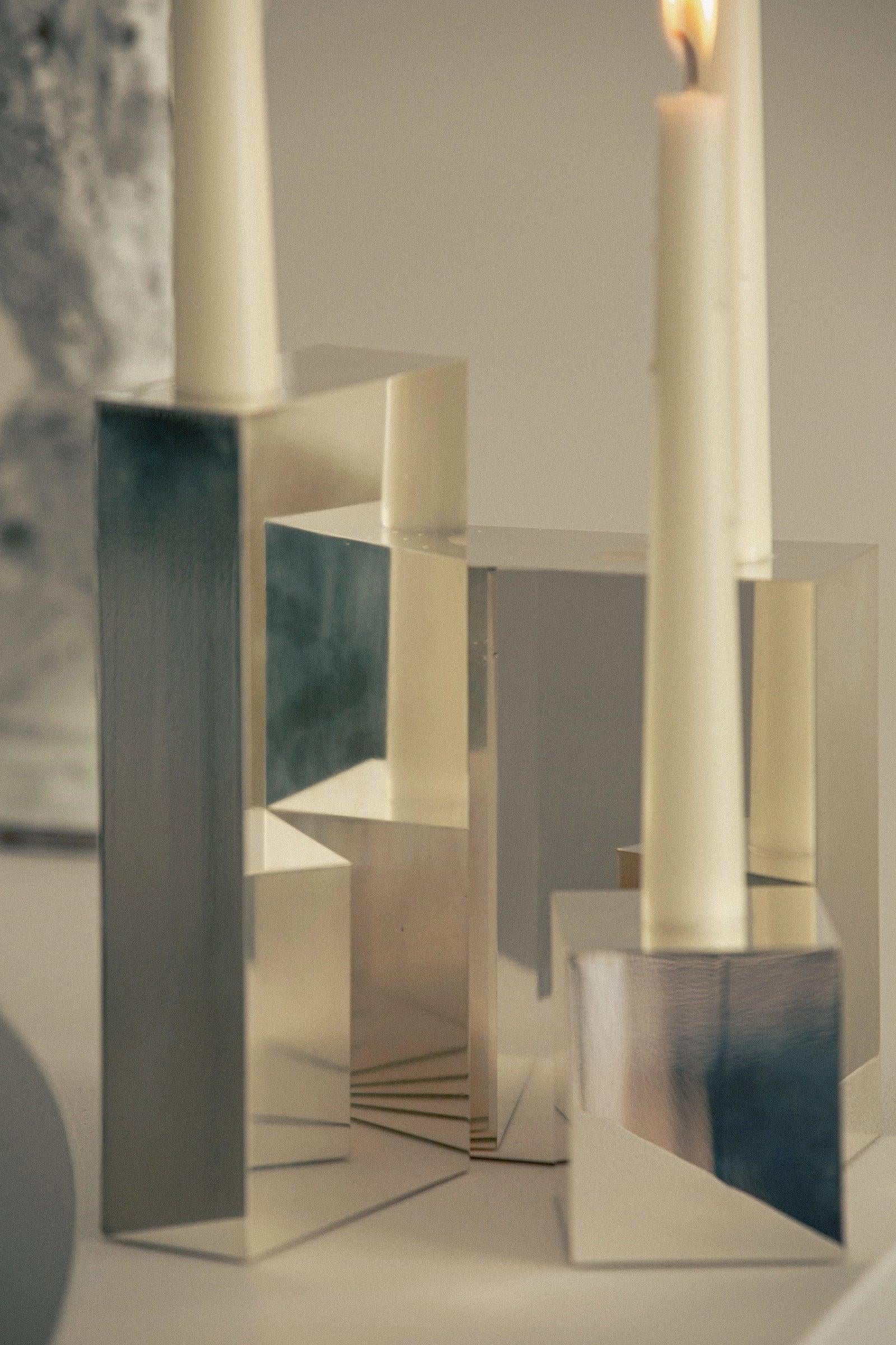 Contemporary Hinge Polished Silver Candelabra Candle Holders by Henry Wilson 7