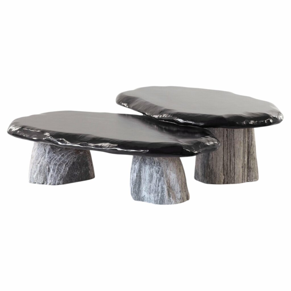 Set Of 2 Bolete Coffee Tables in Natural Stone Wood by Henry Dath 1