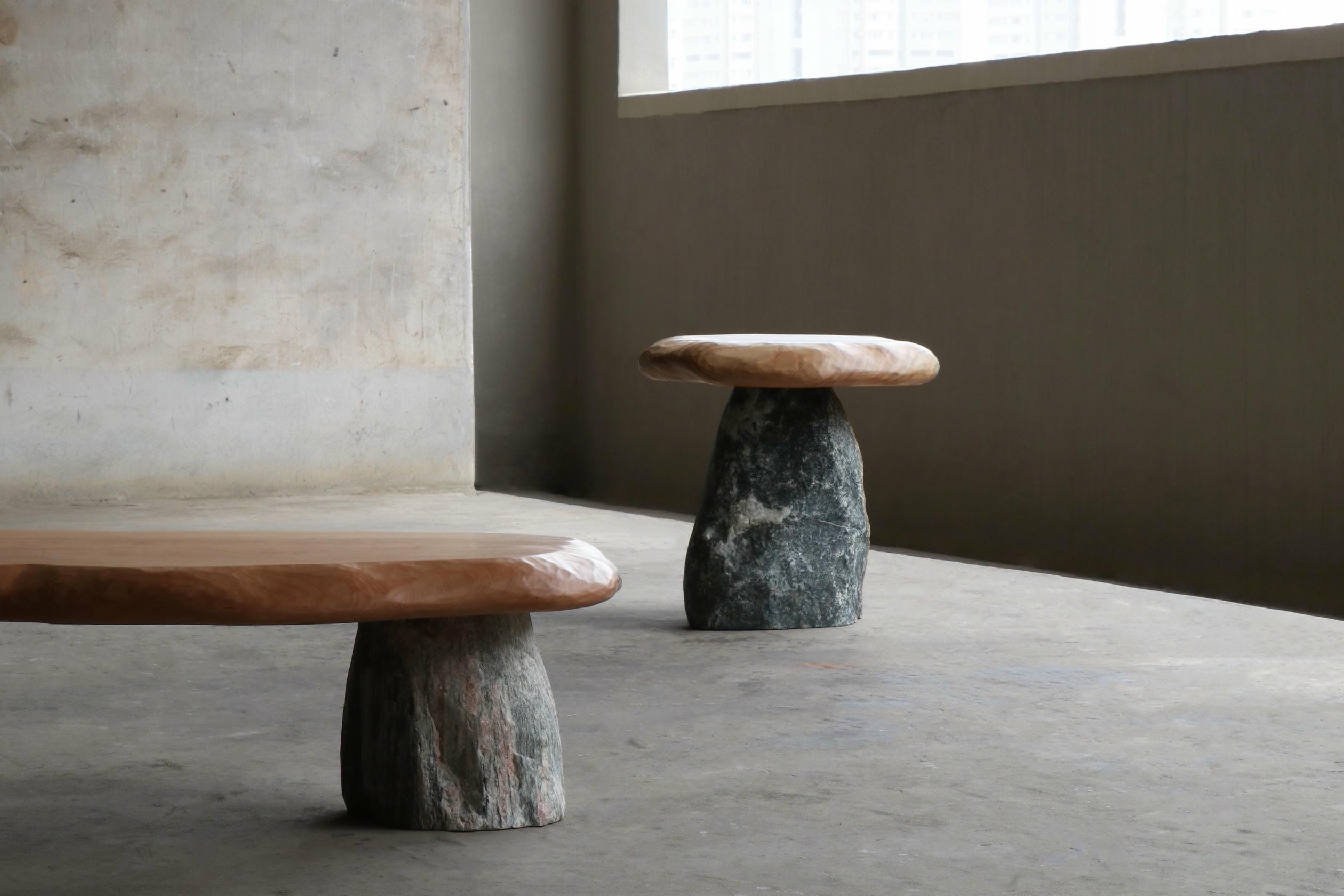 Set Of 2 Bolete Coffee Tables in Natural Stone Wood by Henry Dath 7